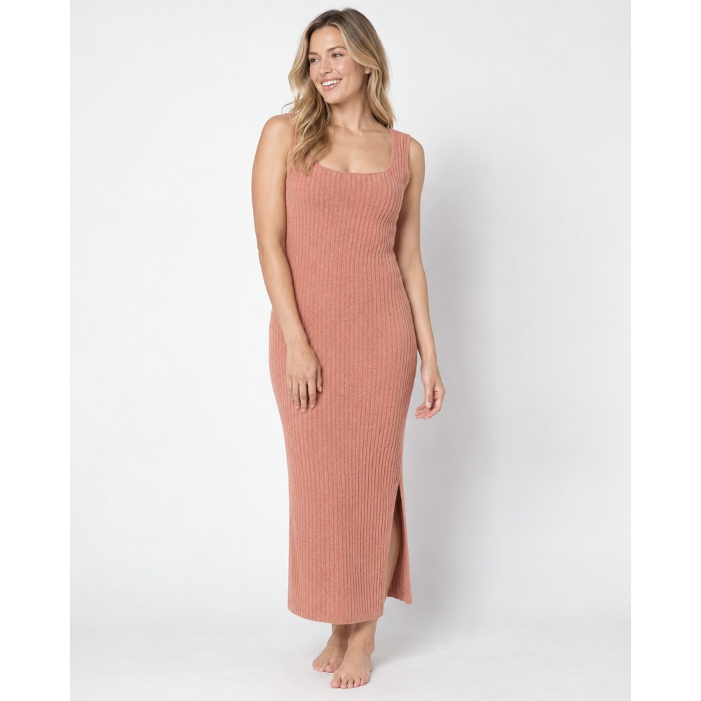 Barefoot Dreams CozyChic Ultra Lite Desert Coral Ribbed Square Neck Dress Sz XL